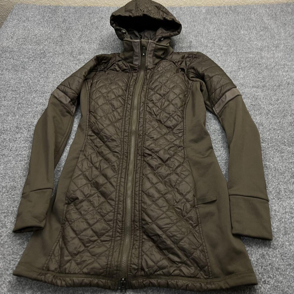 Athleta Jacket Womens Small Brown Quilted Hooded Full Zip Long Coat - Picture 3 of 10